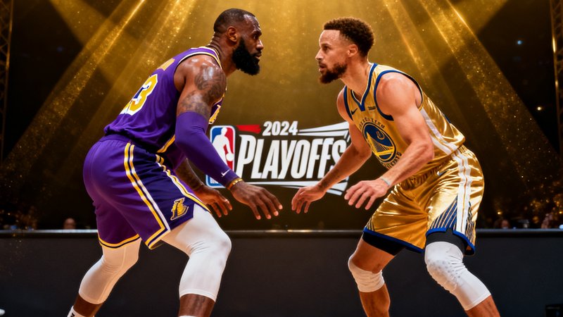 NBA季后赛宣传图，湖人队詹姆斯与勇士队库里在球场中央对峙的画面，背景为季后赛标志和金色灯光